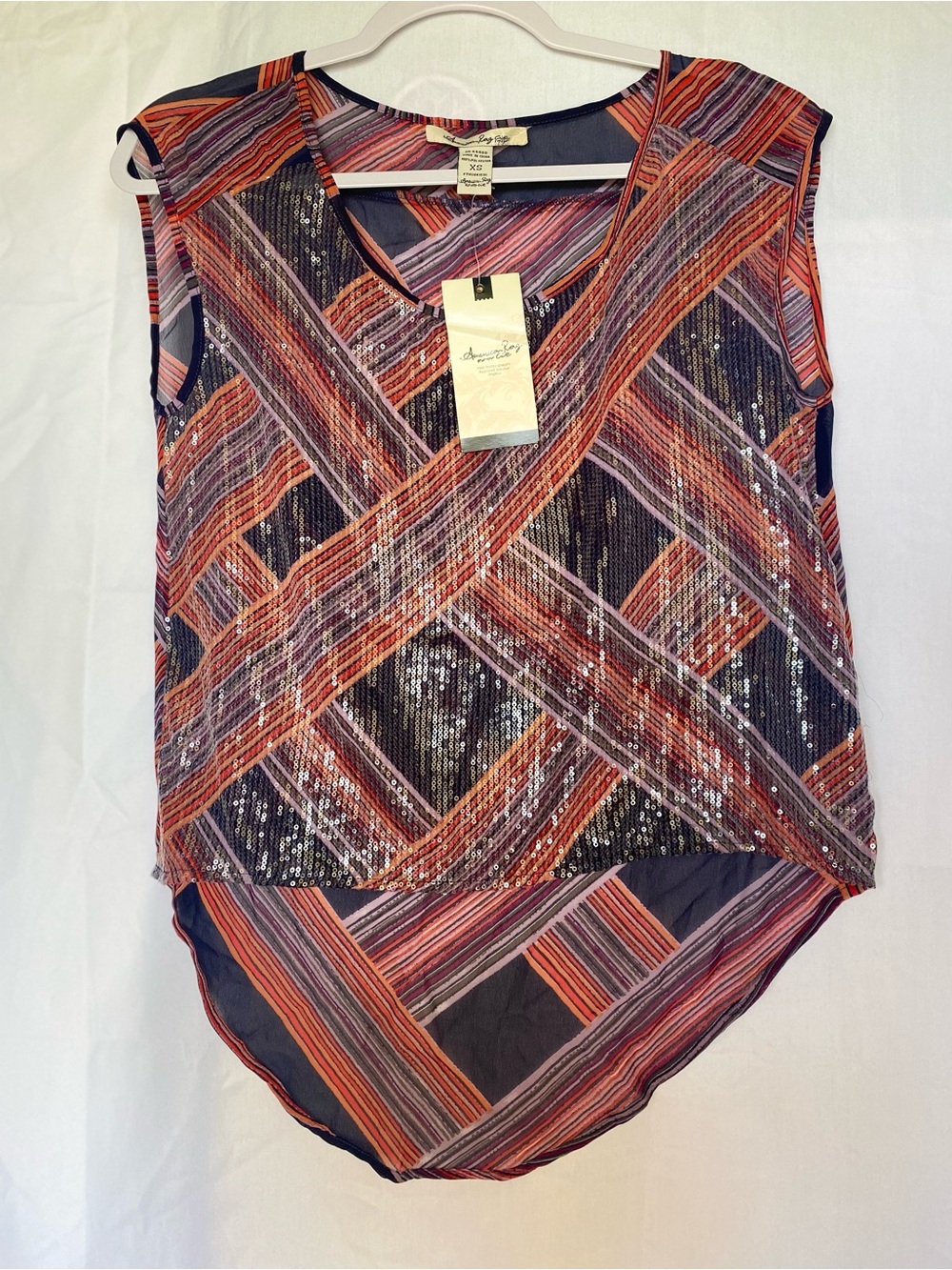 NWT American Rag Women's XS Geometric Sequin V-Neck Chiffon Blouse, transparent